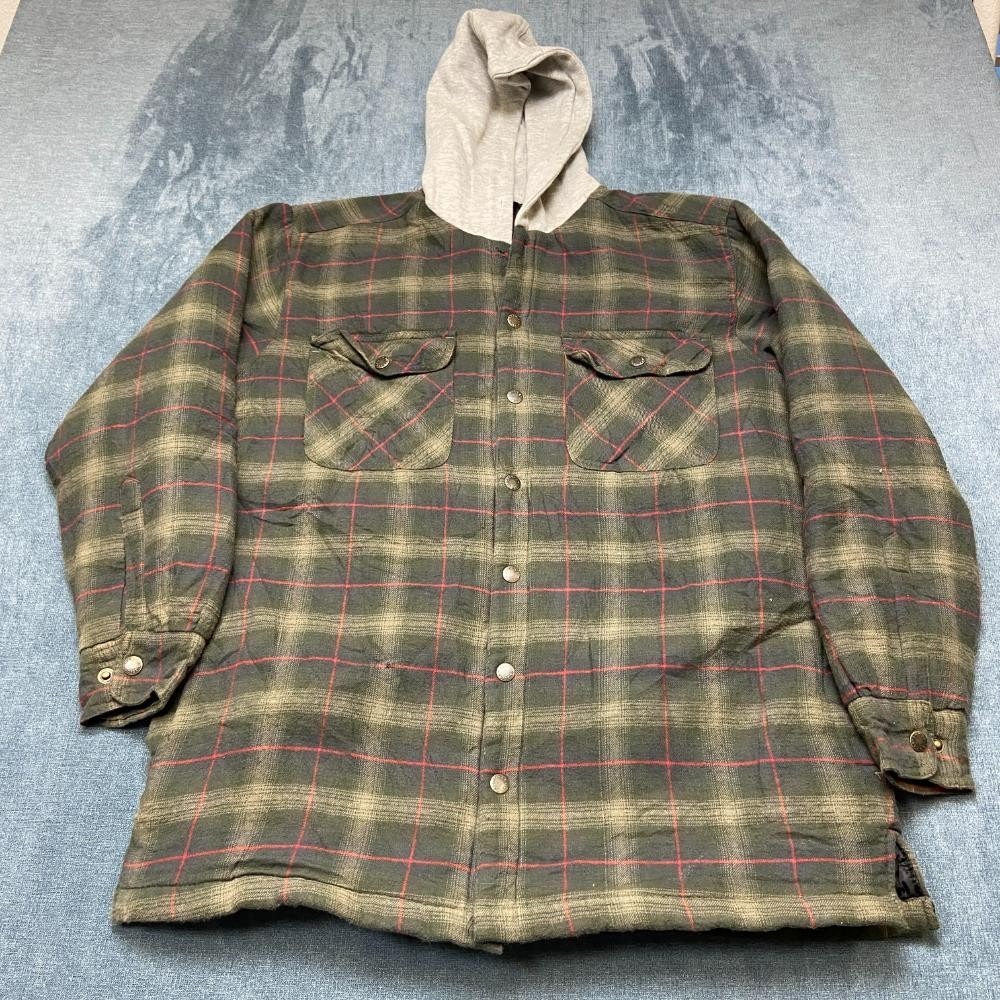 Canyon Guide Outfitters Shacket Mens Large Olive Green Plaid Hooded Snap Front